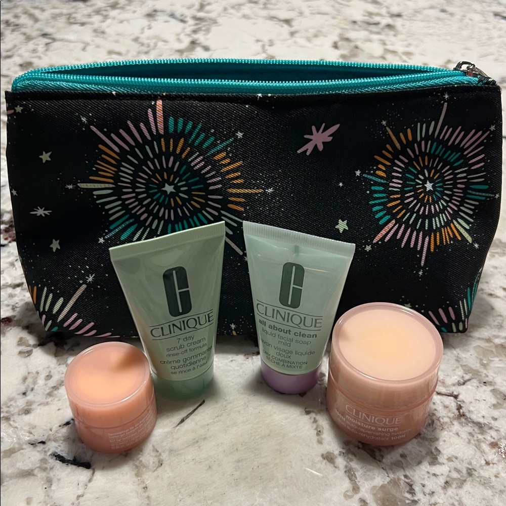 Clinique Skincare Set with Black and Teal Starburst Bag